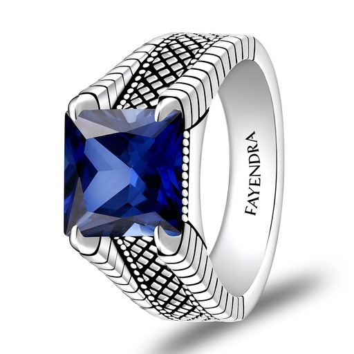 Sterling Silver 925 Ring Rhodium Plated Embedded With SAPPHIRE CORUNDUM