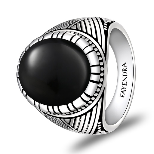 Sterling Silver 925 Ring Rhodium Plated Embedded With Black Agate