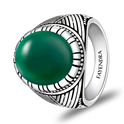 Sterling Silver 925 Ring Rhodium Plated Embedded With GREEN AGATE