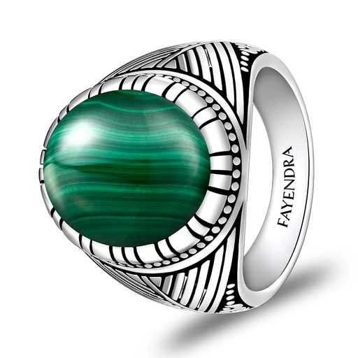 Sterling Silver 925 Ring Rhodium Plated Embedded With Malachite