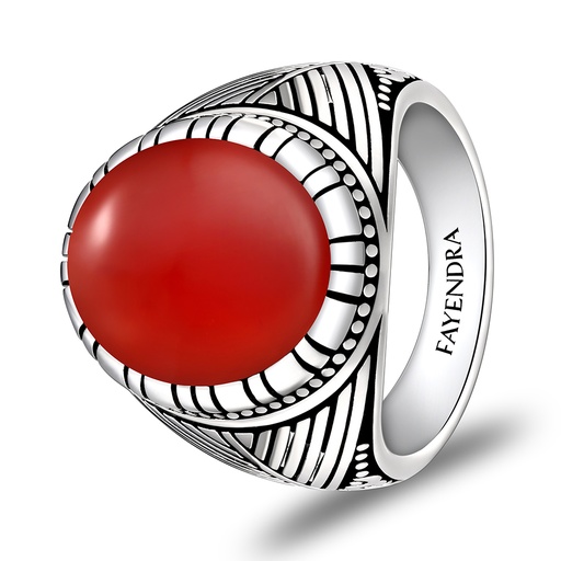 Sterling Silver 925 Ring Rhodium Plated Embedded With RED AGATE