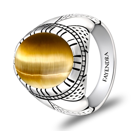 Sterling Silver 925 Ring Rhodium Plated Embedded With GOLD TIGER EYE