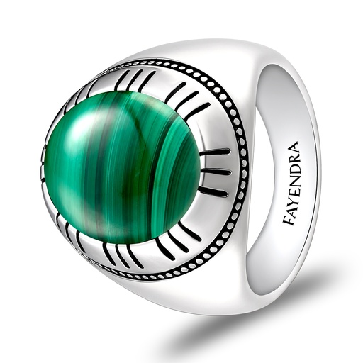 Sterling Silver 925 Ring Rhodium Plated Embedded With Malachite