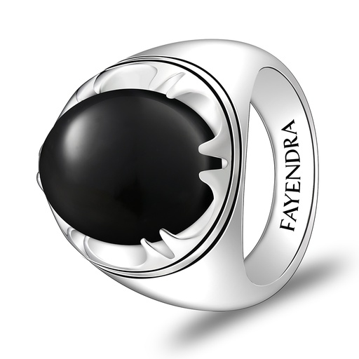 Sterling Silver 925 Ring Rhodium Plated Embedded With Black Agate