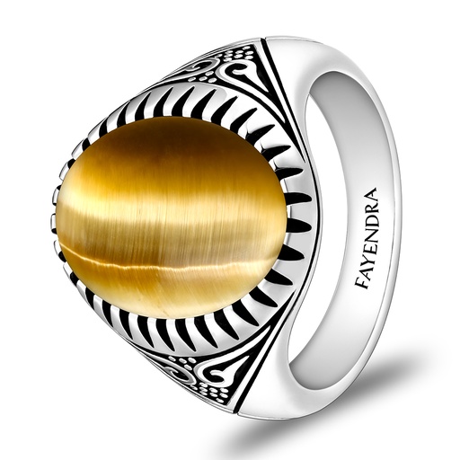 Sterling Silver 925 Ring Rhodium Plated Embedded With GOLD TIGER EYE