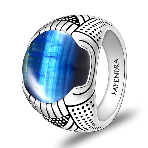 Sterling Silver 925 Ring Rhodium Plated Embedded With BLUE TIGER EYE