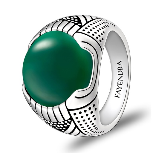 Sterling Silver 925 Ring Rhodium Plated Embedded With GREEN AGATE