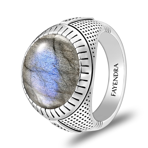Sterling Silver 925 Ring Rhodium Plated Embedded With LABRADORITE And White CZ