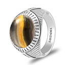 Sterling Silver 925 Ring Rhodium Plated Embedded With YELLOW TIGER EYE And White CZ