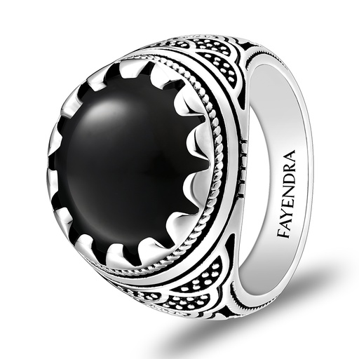 Sterling Silver 925 Ring Rhodium Plated Embedded With Black Agate