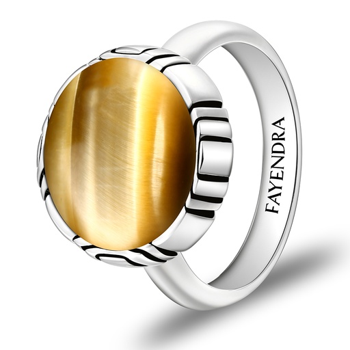 Sterling Silver 925 Ring Rhodium Plated Embedded With GOLD TIGER EYE