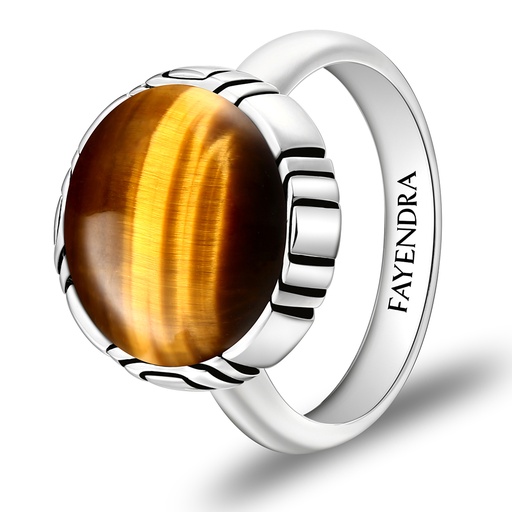 Sterling Silver 925 Ring Rhodium Plated Embedded With YELLOW TIGER EYE