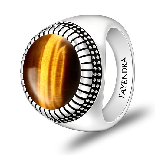 Sterling Silver 925 Ring Rhodium Plated Embedded With YELLOW TIGER EYE