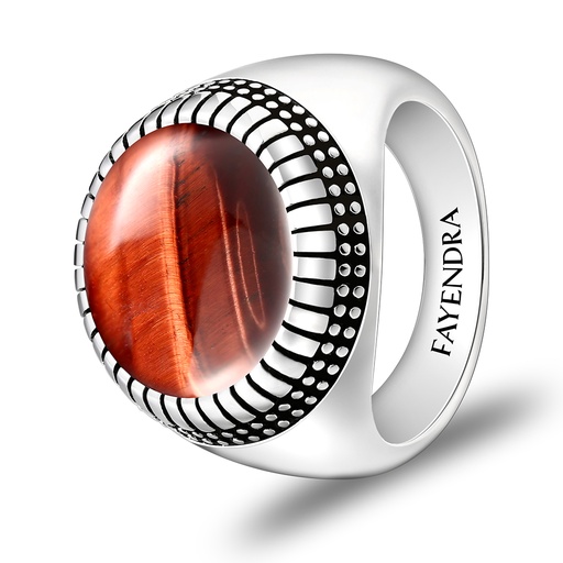 Sterling Silver 925 Ring Rhodium Plated Embedded With RED TIGER EYE