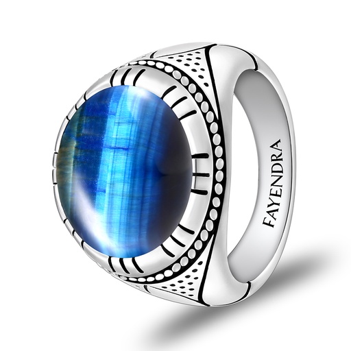 Sterling Silver 925 Ring Rhodium Plated Embedded With BLUE TIGER EYE