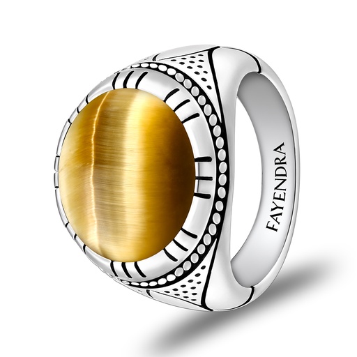 Sterling Silver 925 Ring Rhodium Plated Embedded With GOLD TIGER EYE