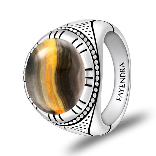 Sterling Silver 925 Ring Rhodium Plated Embedded With YELLOW TIGER EYE