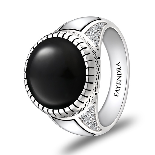 Sterling Silver 925 Ring Rhodium Plated Embedded With Black Agate And White CZ