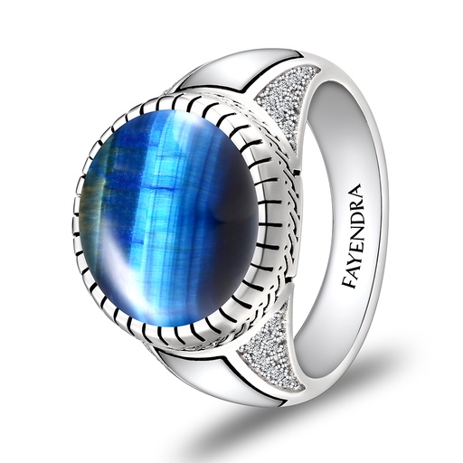Sterling Silver 925 Ring Rhodium Plated Embedded With BLUE TIGER EYE And White CZ