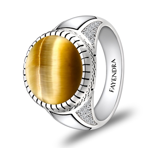 Sterling Silver 925 Ring Rhodium Plated Embedded With GOLD TIGER EYE And White CZ