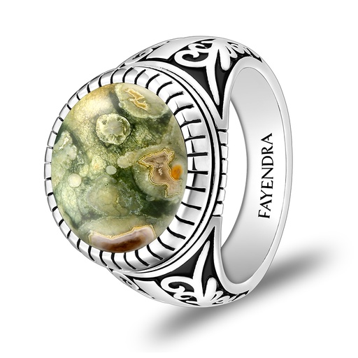 Sterling Silver 925 Ring Rhodium Plated Embedded With Royolite