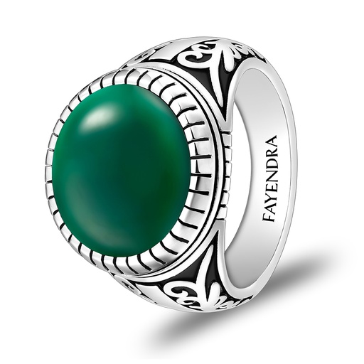 Sterling Silver 925 Ring Rhodium Plated Embedded With GREEN AGATE