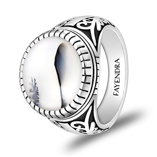 Sterling Silver 925 Ring Rhodium Plated Embedded With NATURAL AGATE