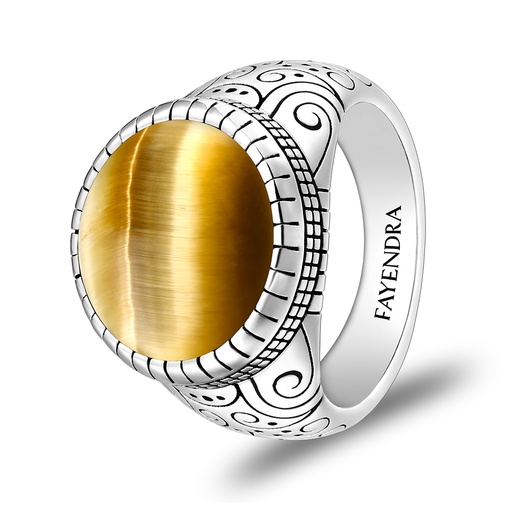 Sterling Silver 925 Ring Rhodium Plated Embedded With GOLD TIGER EYE