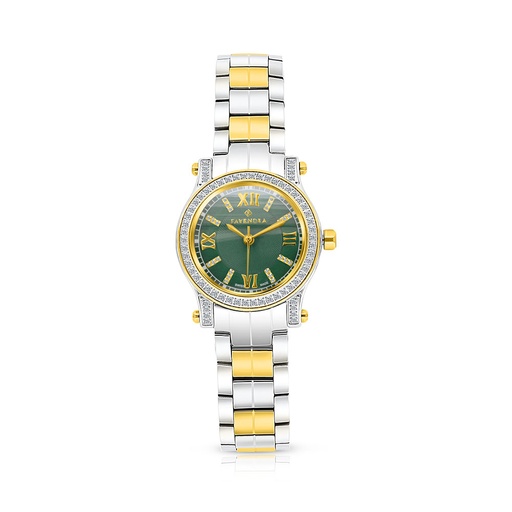 [WAT34WCZ00GRNW057] Stainless Steel 316 Watch Steel And Golden Color Embedded With White Zircon - GREEN DIAL