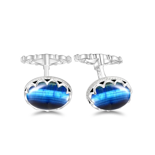 [CFL01TGU00WCZA245] Sterling Silver 925 Cufflink Rhodium Plated Embedded With Blue Tiger Eye And White CZ