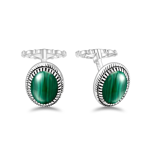 [CFL01MAL00000A249] Sterling Silver 925 Cufflink Rhodium Plated Embedded With Malachite