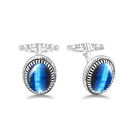 [CFL01TGU00000A249] Sterling Silver 925 Cufflink Rhodium Plated Embedded With Blue Tiger Eye