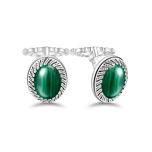 [CFL01MAL00000A250] Sterling Silver 925 Cufflink Rhodium Plated Embedded With Malachite