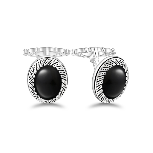 [CFL01ONX00000A250] Sterling Silver 925 Cufflink Rhodium Plated Embedded With Black Agate