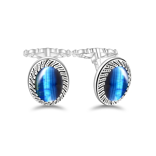 [CFL01TGU00000A250] Sterling Silver 925 Cufflink Rhodium Plated Embedded With Blue Tiger Eye
