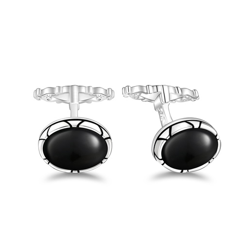 [CFL01ONX00000A254] Sterling Silver 925 Cufflink Rhodium Plated Embedded With Black Agate