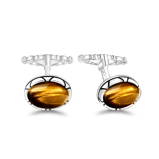[CFL01TGE00000A254] Sterling Silver 925 Cufflink Rhodium Plated Embedded With Yellow Tiger Eye