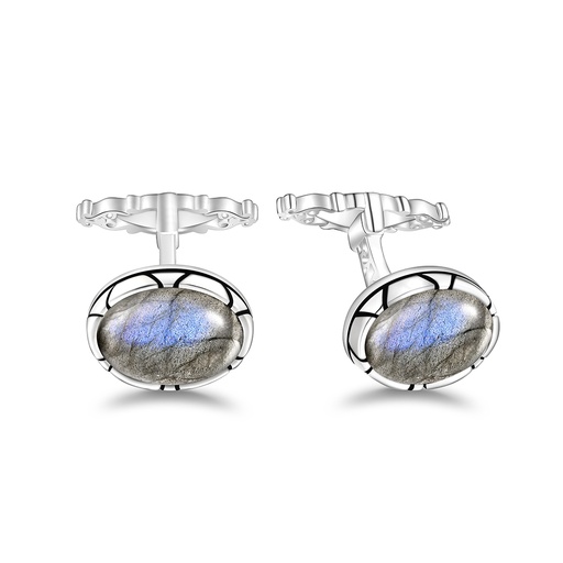 [CFL01OPL00000A254] Sterling Silver 925 Cufflink Rhodium Plated Embedded With Labrodite