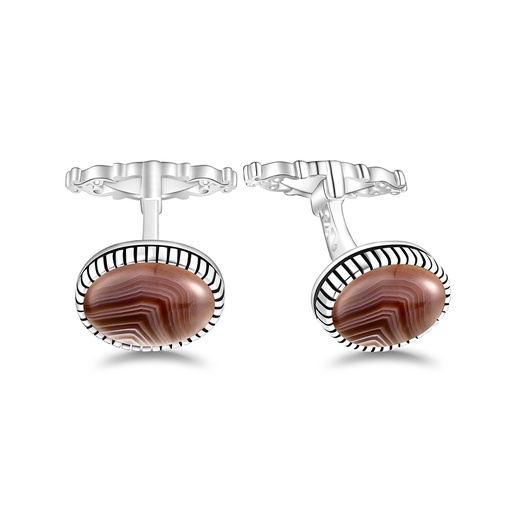 [CFL01BOT00000A255] Sterling Silver 925 Cufflink Rhodium Plated Embedded With Botswana Agate