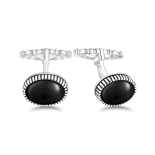 [CFL01ONX00000A255] Sterling Silver 925 Cufflink Rhodium Plated Embedded With Black Agate