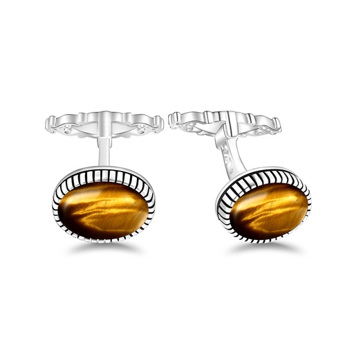 [CFL01TGE00000A255] Sterling Silver 925 Cufflink Rhodium Plated Embedded With Yellow Tiger Eye