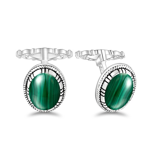 [CFL01MAL00000A260] Sterling Silver 925 Cufflink Rhodium Plated Embedded With Malachite