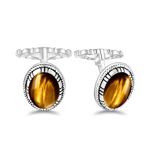 [CFL01TGE00000A260] Sterling Silver 925 Cufflink Rhodium Plated Embedded With Yellow Tiger Eye