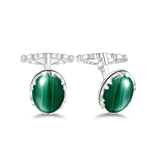 [CFL01MAL00000A264] Sterling Silver 925 Cufflink Rhodium Plated Embedded With Malachite