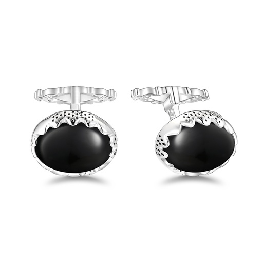 [CFL01ONX00000A268] Sterling Silver 925 Cufflink Rhodium Plated Embedded With Black Agate