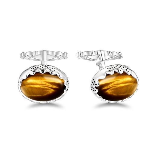 [CFL01TGE00000A268] Sterling Silver 925 Cufflink Rhodium Plated Embedded With Yellow Tiger Eye