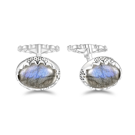 [CFL01OPL00000A268] Sterling Silver 925 Cufflink Rhodium Plated Embedded With Labrodite