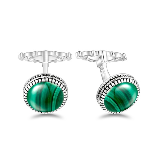 [CFL01MAL00000A273] Sterling Silver 925 Cufflink Rhodium Plated Embedded With Malachite