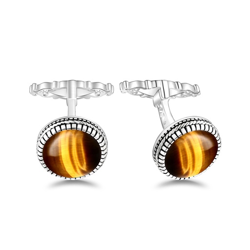 [CFL01TGE00000A273] Sterling Silver 925 Cufflink Rhodium Plated Embedded With Yellow Tiger Eye