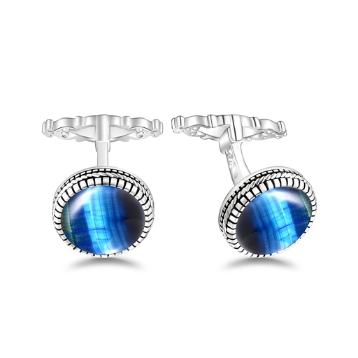 [CFL01TGU00000A273] Sterling Silver 925 Cufflink Rhodium Plated Embedded With Blue Tiger Eye